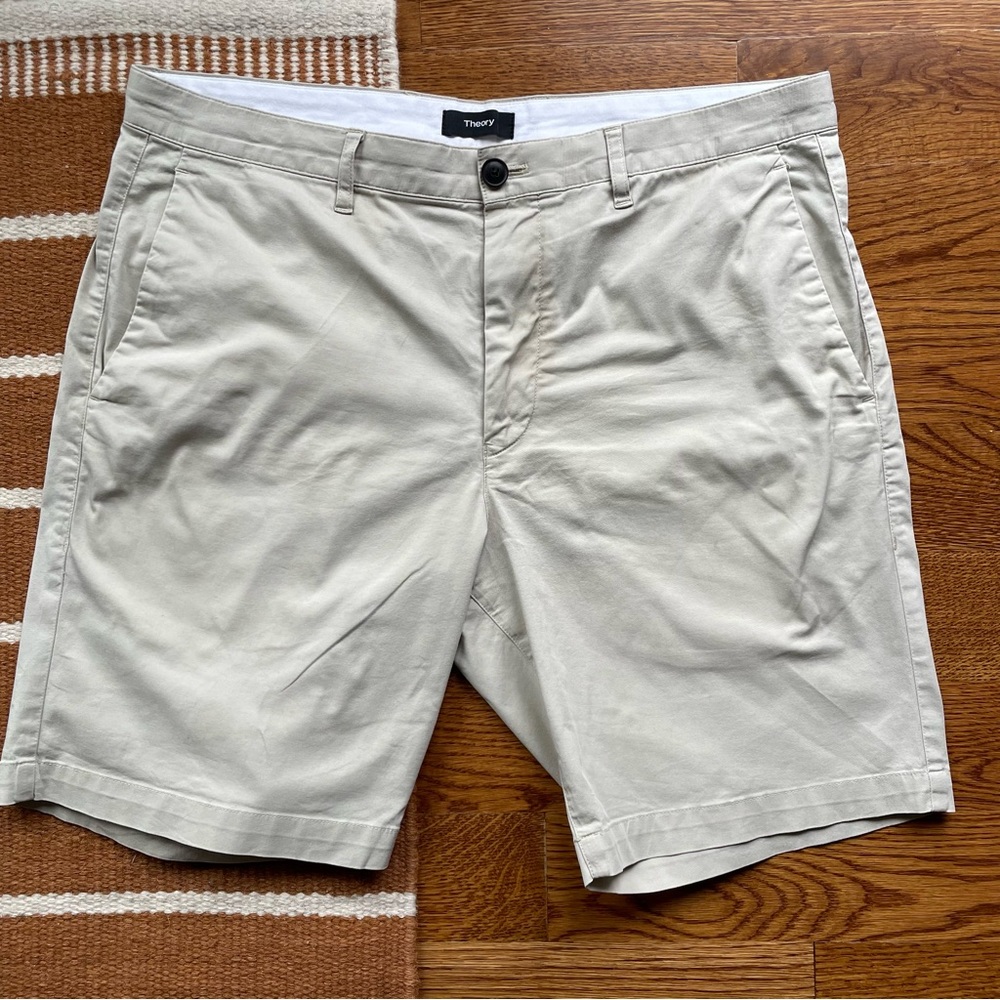 Mens Theory flat front khaki shorts